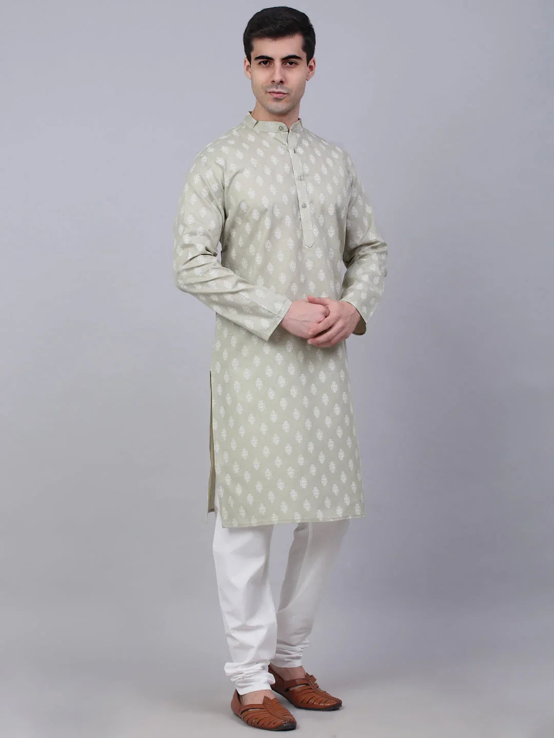 Men's Cotton Floral printed kurta Pyjama Set ( JOKP 650Grey )-JOKP-650