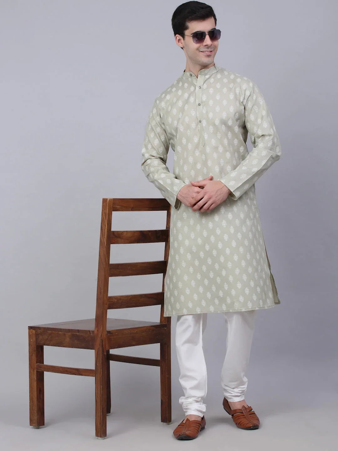 Men's Cotton Floral printed kurta Pyjama Set ( JOKP 650Grey )-JOKP-650