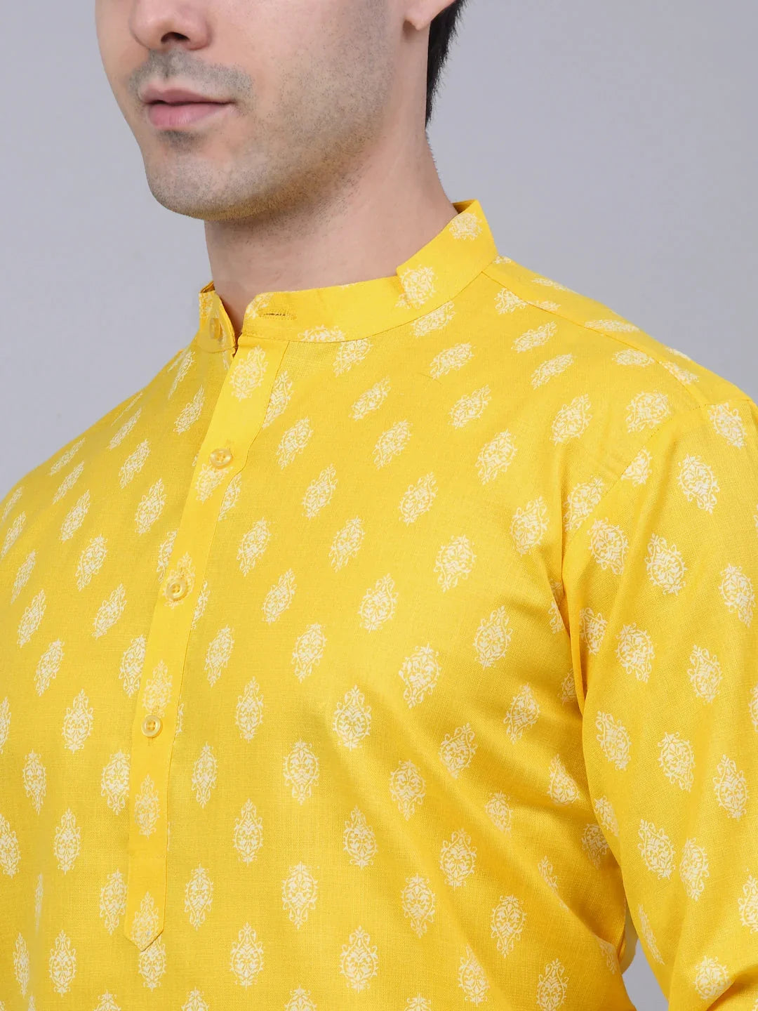 Men's Cotton Floral printed kurta Pyjama Set ( JOKP 650Lemon )-JOKP-650