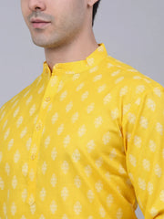 Men's Cotton Floral printed kurta Pyjama Set ( JOKP 650Lemon )-JOKP-650
