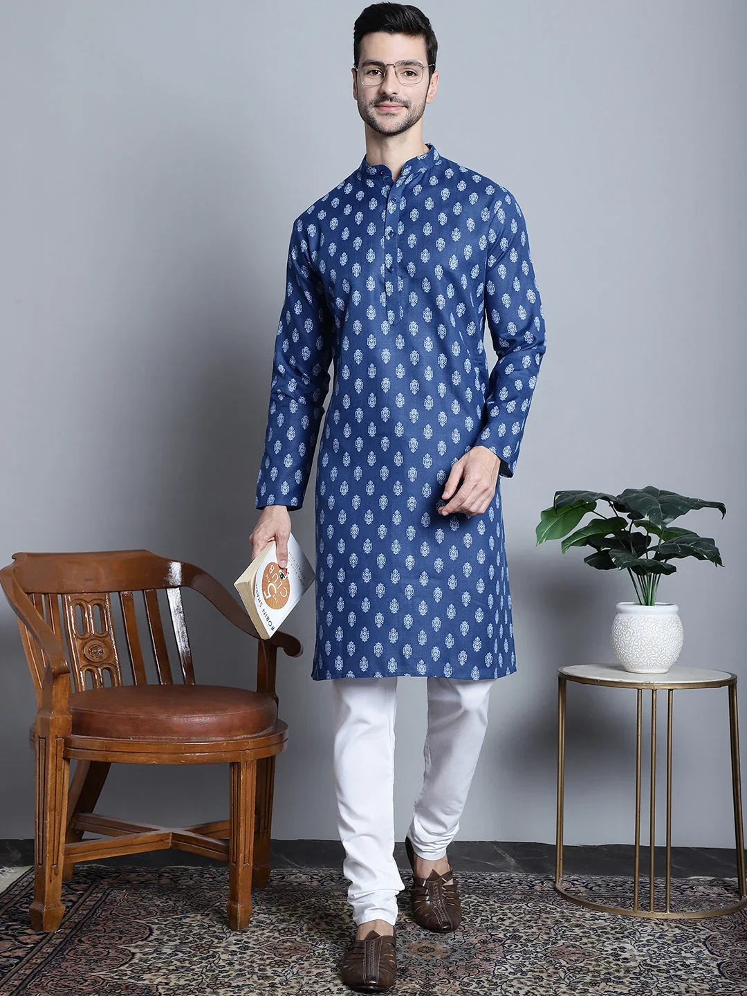 Blue Cotton Solid Indian Wear JOKP_650Navy | DesiQlo