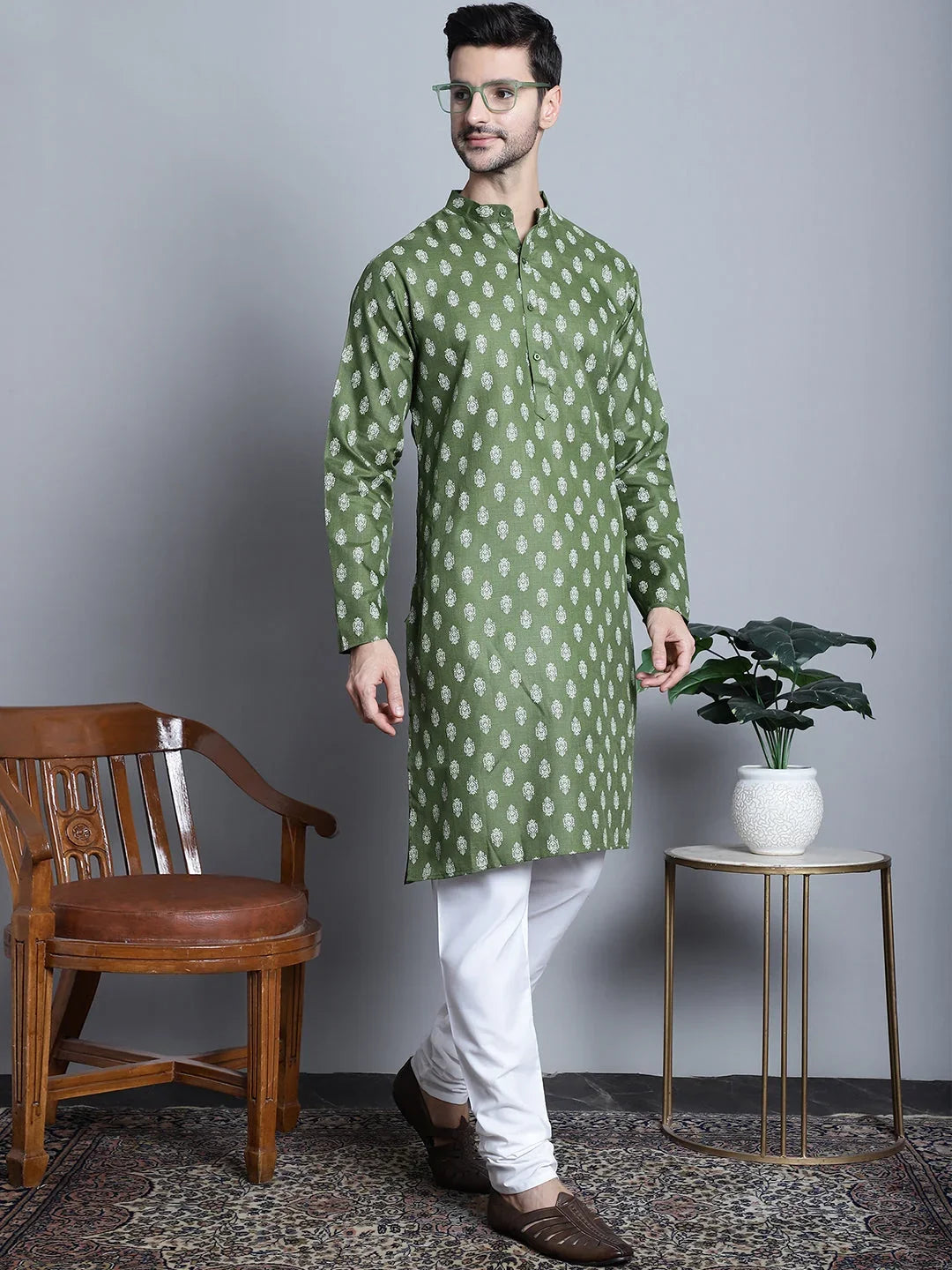 Green Cotton Solid Indian Wear JOKP_650Olive | DesiQlo