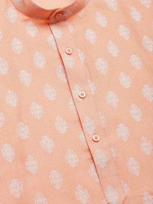 Men's Peach Cotton Floral printed kurta Pyjama Set