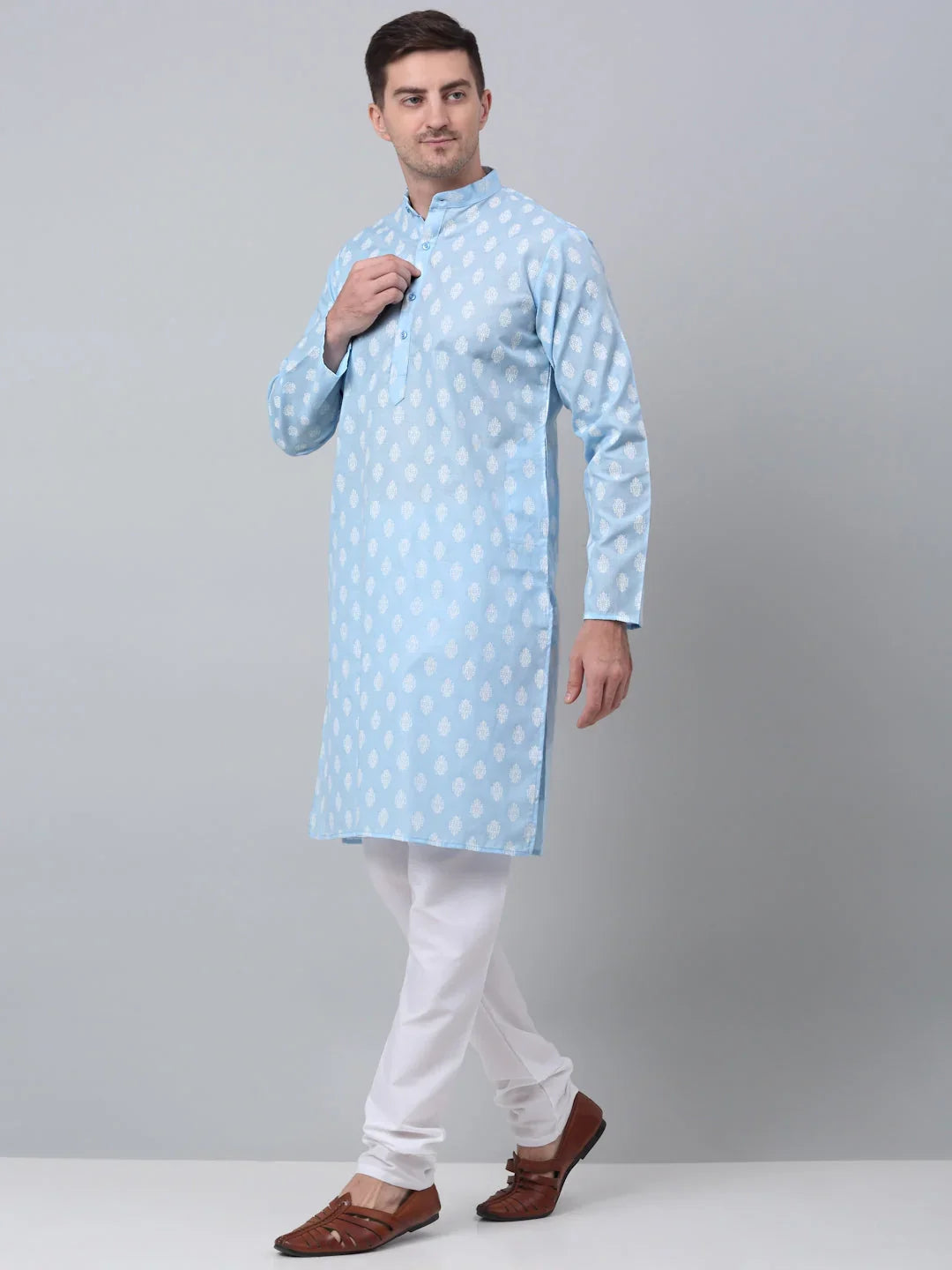 Men's Sky Cotton Floral printed kurta Pyjama Set