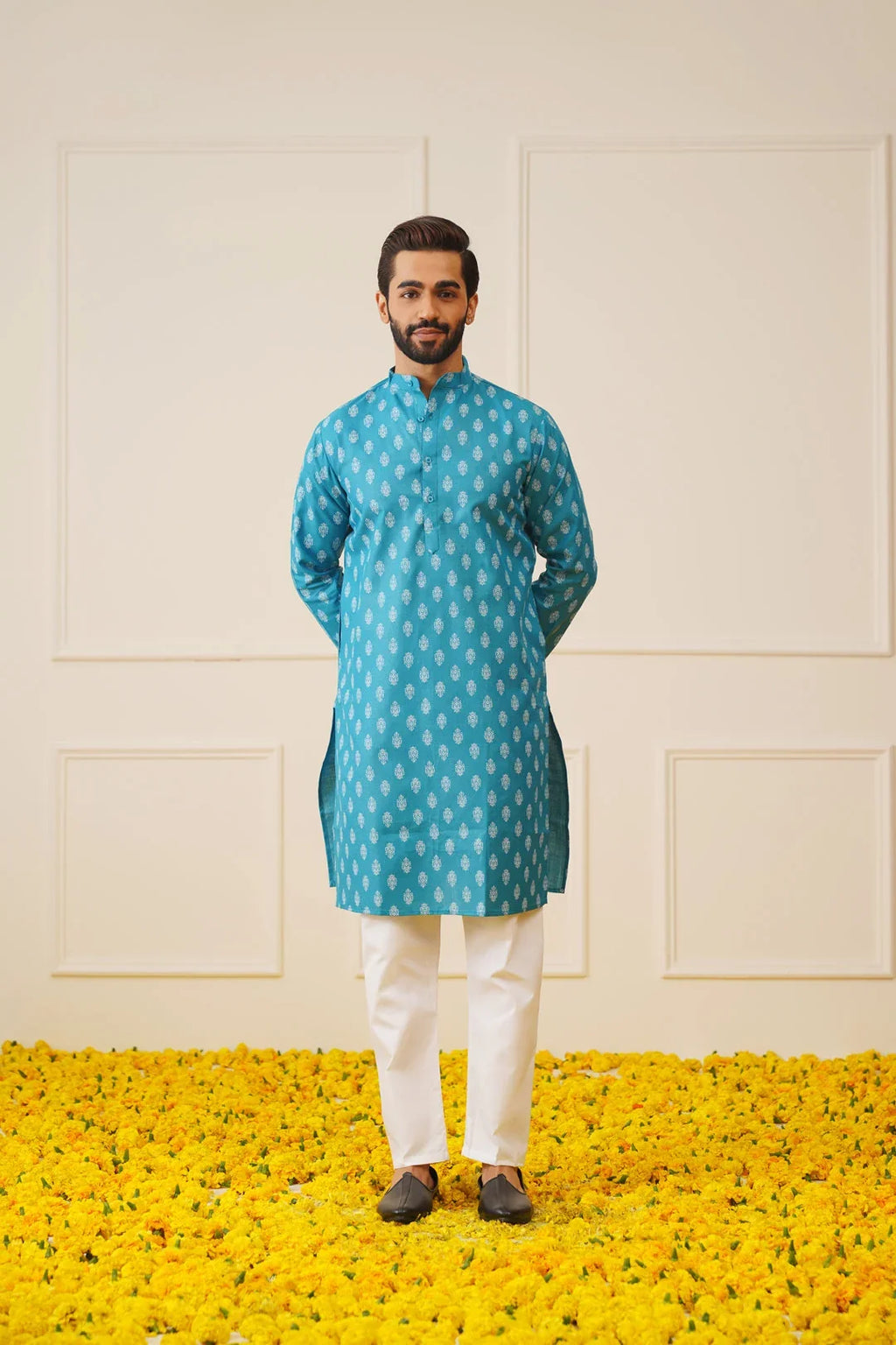 Men's Teal Cotton Floral printed kurta Only