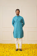 Men's Teal Cotton Floral printed kurta Only