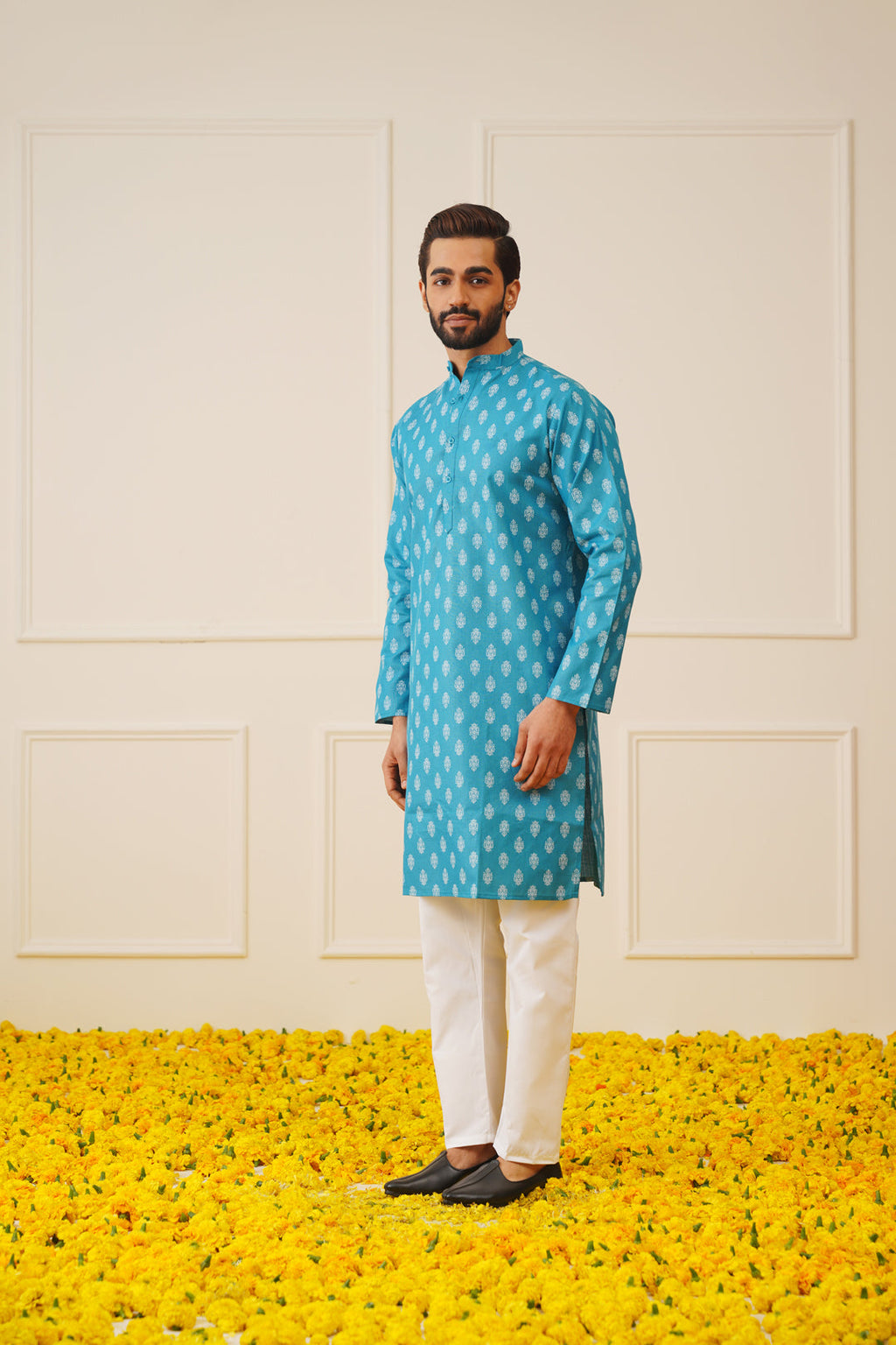 Men's Teal Cotton Floral printed kurta Pyjama Set