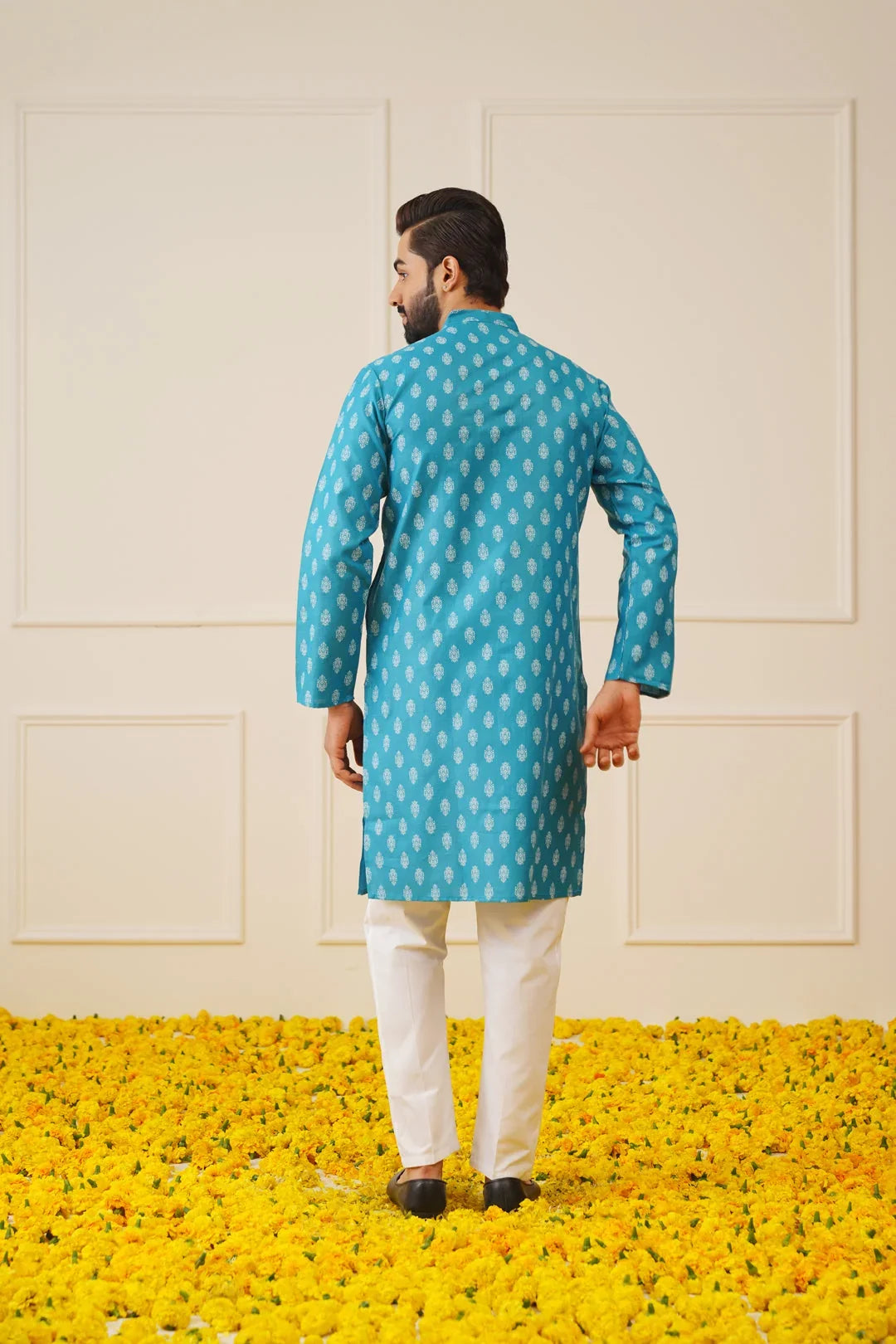 Men's Teal Cotton Floral printed kurta Only