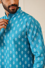 Men's Teal Cotton Floral printed kurta Pyjama Set