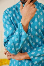 Men's Teal Cotton Floral printed kurta Only