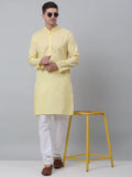 Men's Yellow Cotton Floral printed kurta Pyjama Set