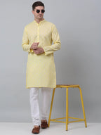 Men's Yellow Cotton Floral printed kurta Pyjama Set