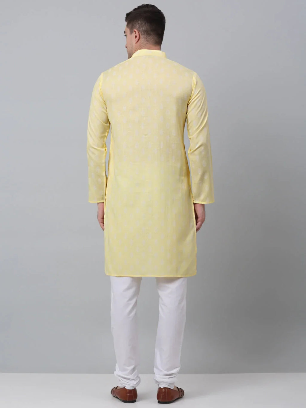 Men's Yellow Cotton Floral printed kurta Pyjama Set