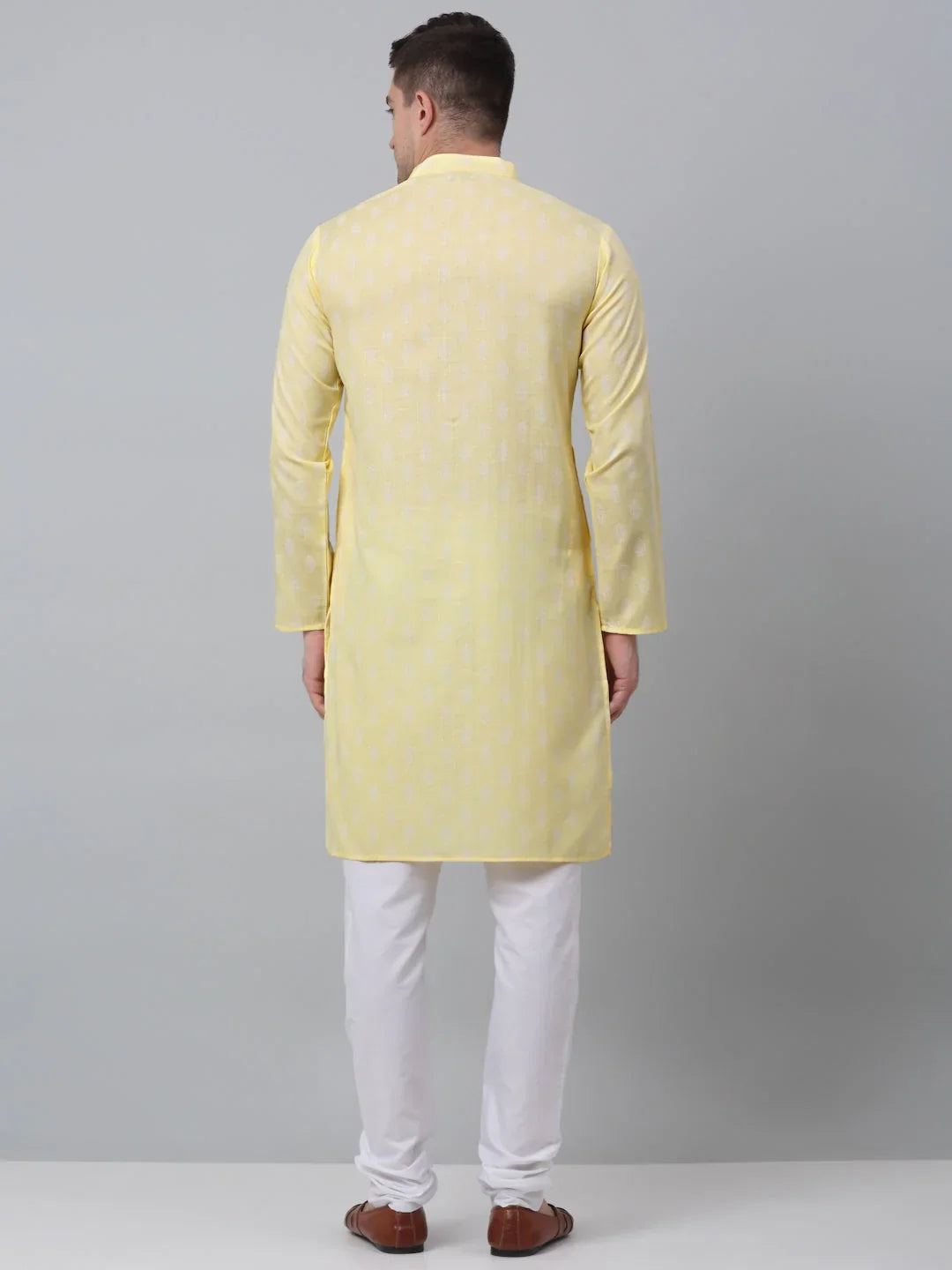 Men's Yellow Cotton Floral printed kurta Pyjama Set