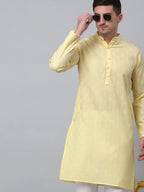 Men's Yellow Cotton Floral printed kurta Pyjama Set