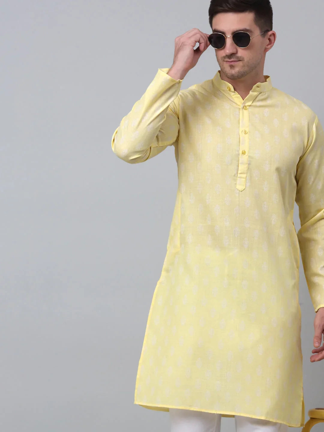 Men's Yellow Cotton Floral printed kurta Pyjama Set