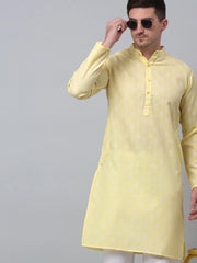 Men's Yellow Cotton Floral printed kurta Pyjama Set
