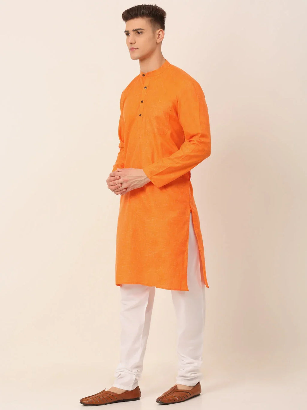 Men's Cotton Solid Kurta Pajama Sets ( JOKP 657Orange )-JOKP-657