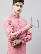 Men Coral Red Chikankari Embroidered and Sequence Kurta with Churidar-JOKP-678