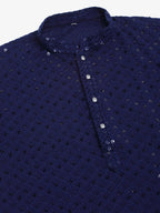 Men Navy Blue Chikankari Embroidered and Sequence Kurta with Churidar-JOKP-678Navy