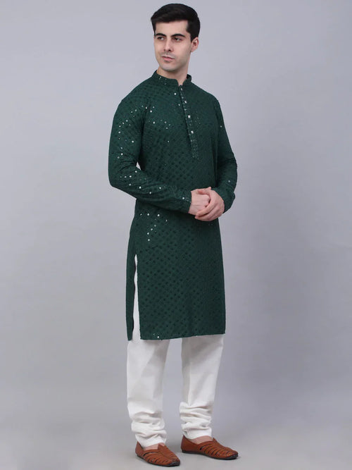 Men Olive Green Chikankari Embroidered and Sequence Kurta with Churidar-JOKP-678Olive