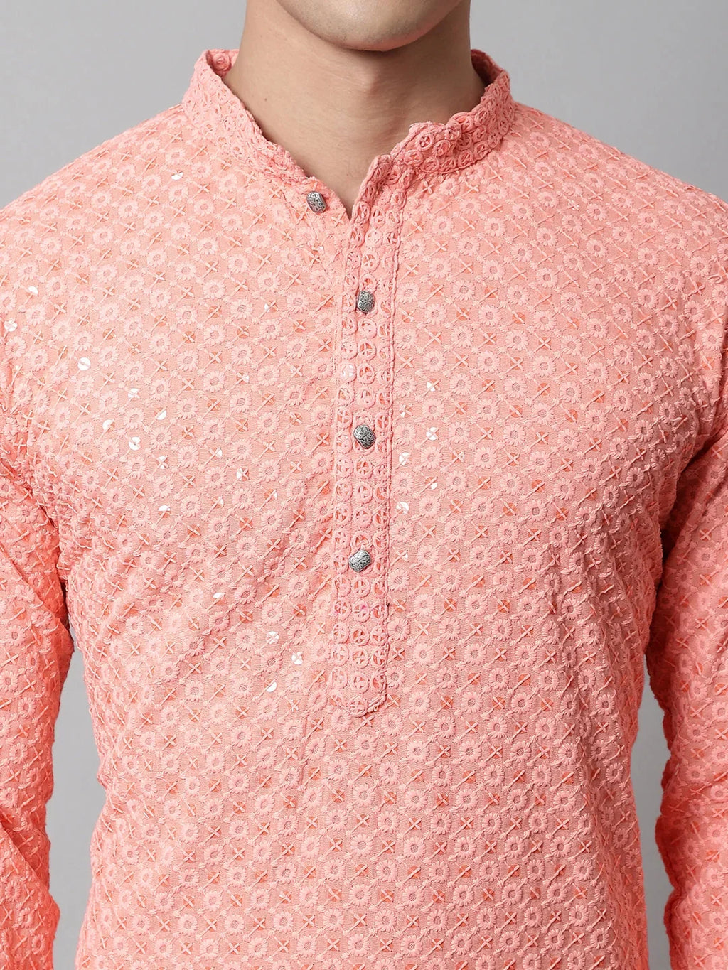 Men Peach Chikankari Embroidered and Sequence Kurta with Churidar ( JOKP 678Peach )-JOKP-678