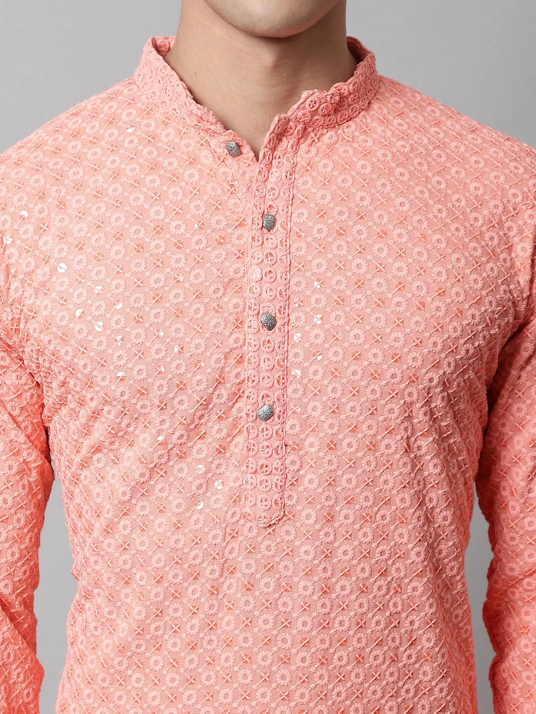 Men Peach Chikankari Embroidered and Sequence Kurta with Churidar ( JOKP 678Peach )-JOKP-678