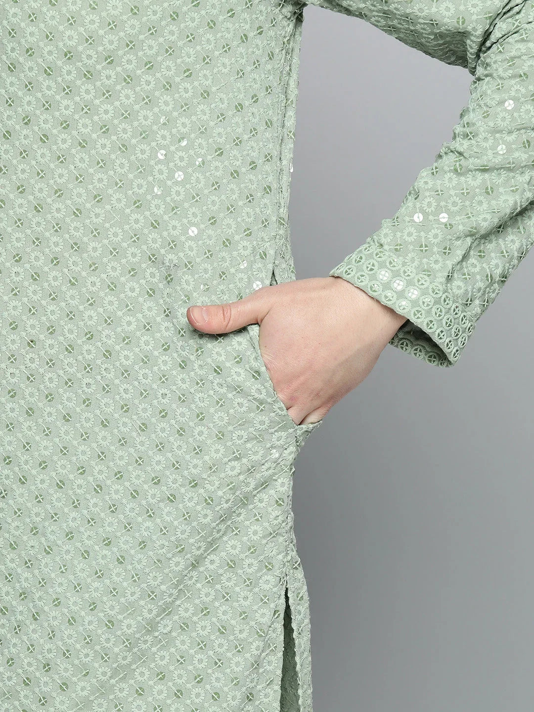 Men Pista Green Chikankari Embroidered and Sequence Kurta with Churidar