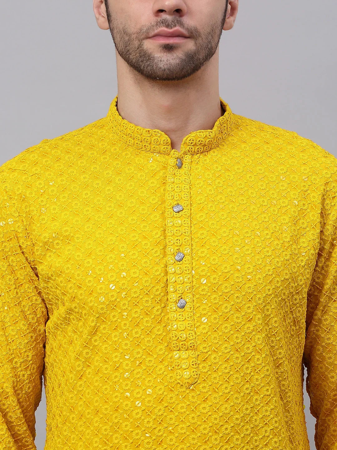 Men Yellow Chikankari Embroidered and Sequence Kurta with Churidar ( JOKP 678Yellow )-JOKP-678