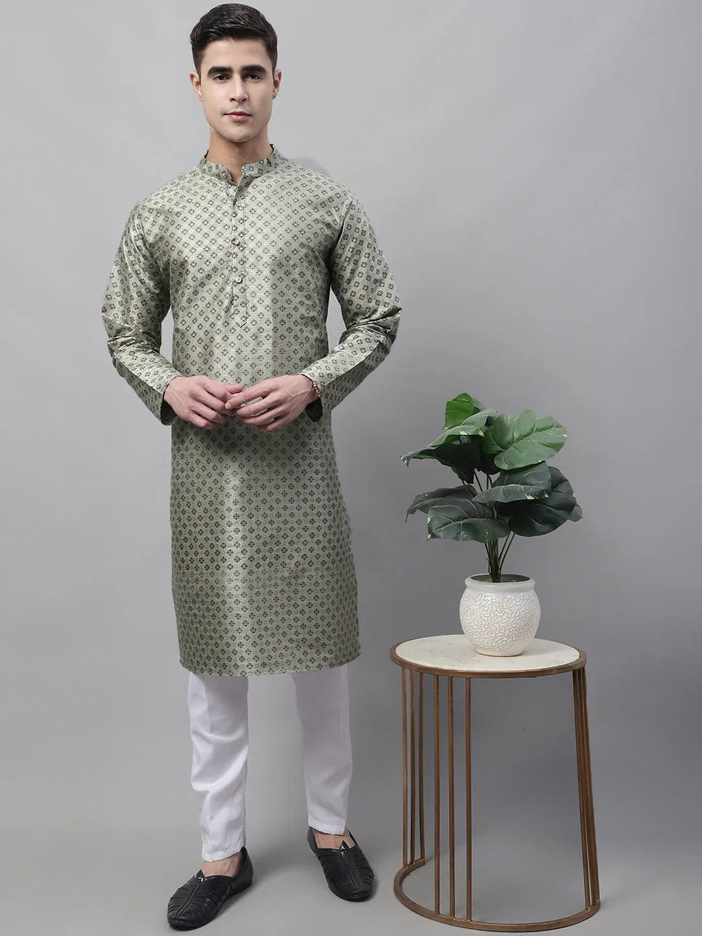 Men's Green Printed Silk Blend Kurta Payjama-JOKP-686