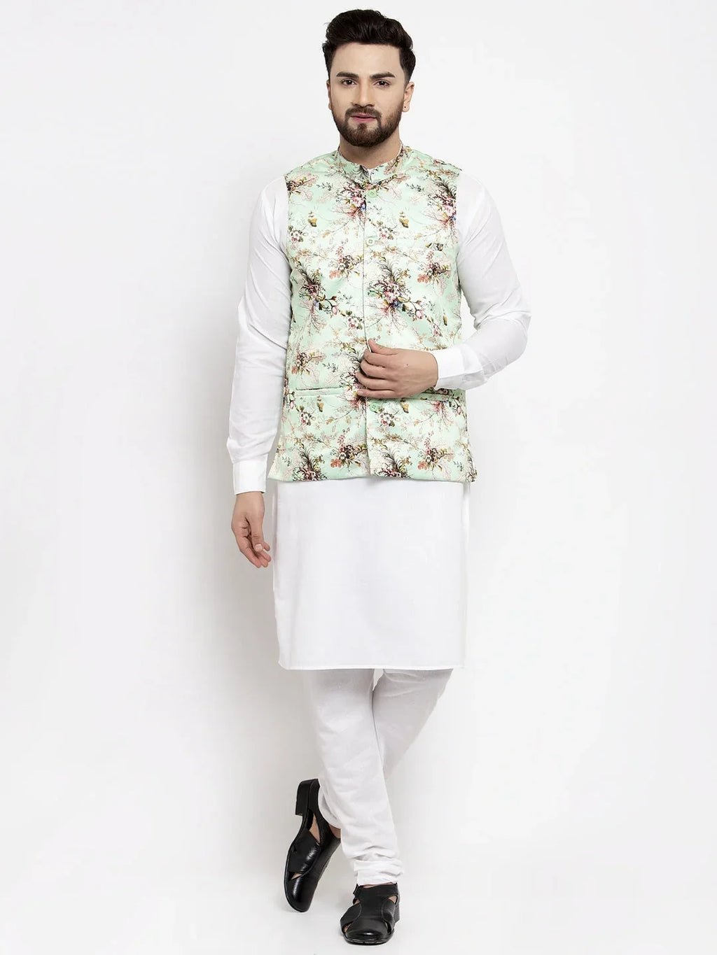 Men's Solid Styled Kurta Pajama with Printed Waistcoat