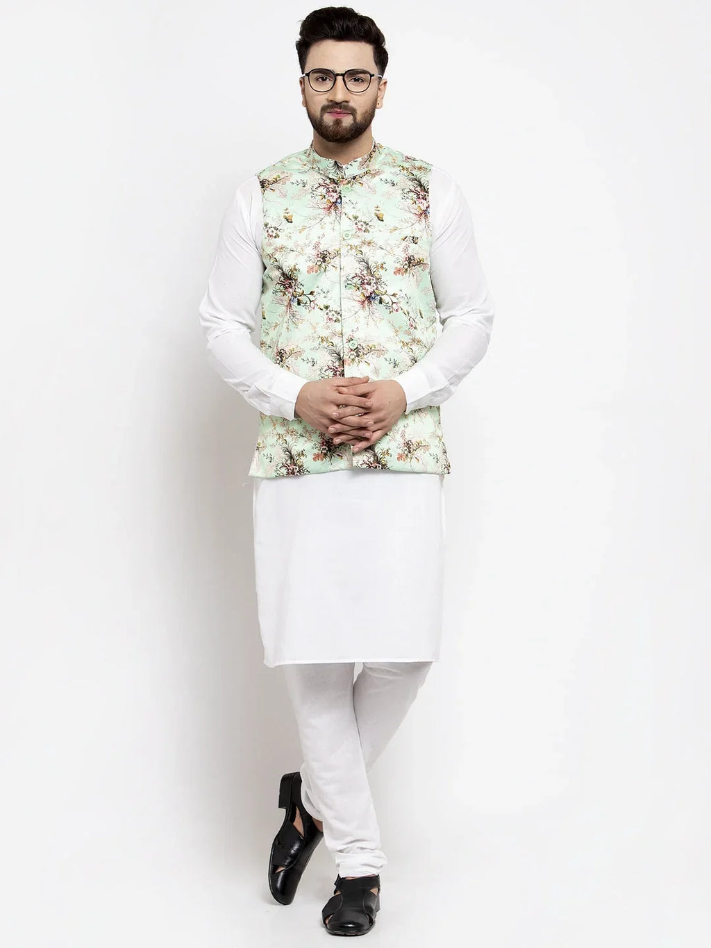 Men's Solid Styled Kurta Pajama with Printed Waistcoat