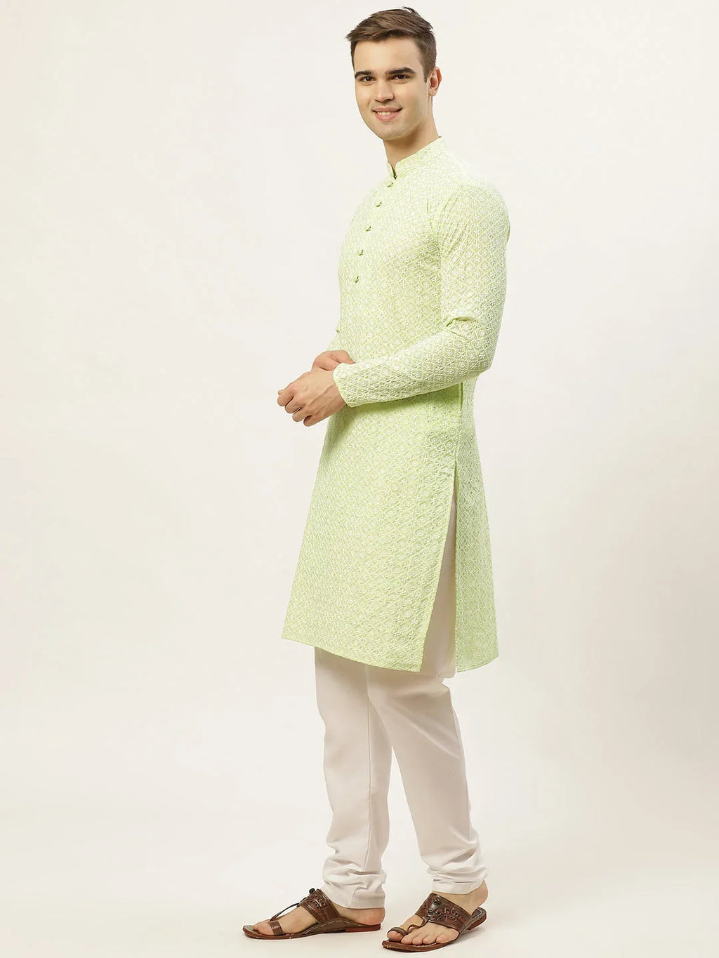 Men's Green Embroidered Kurta Payjama Sets