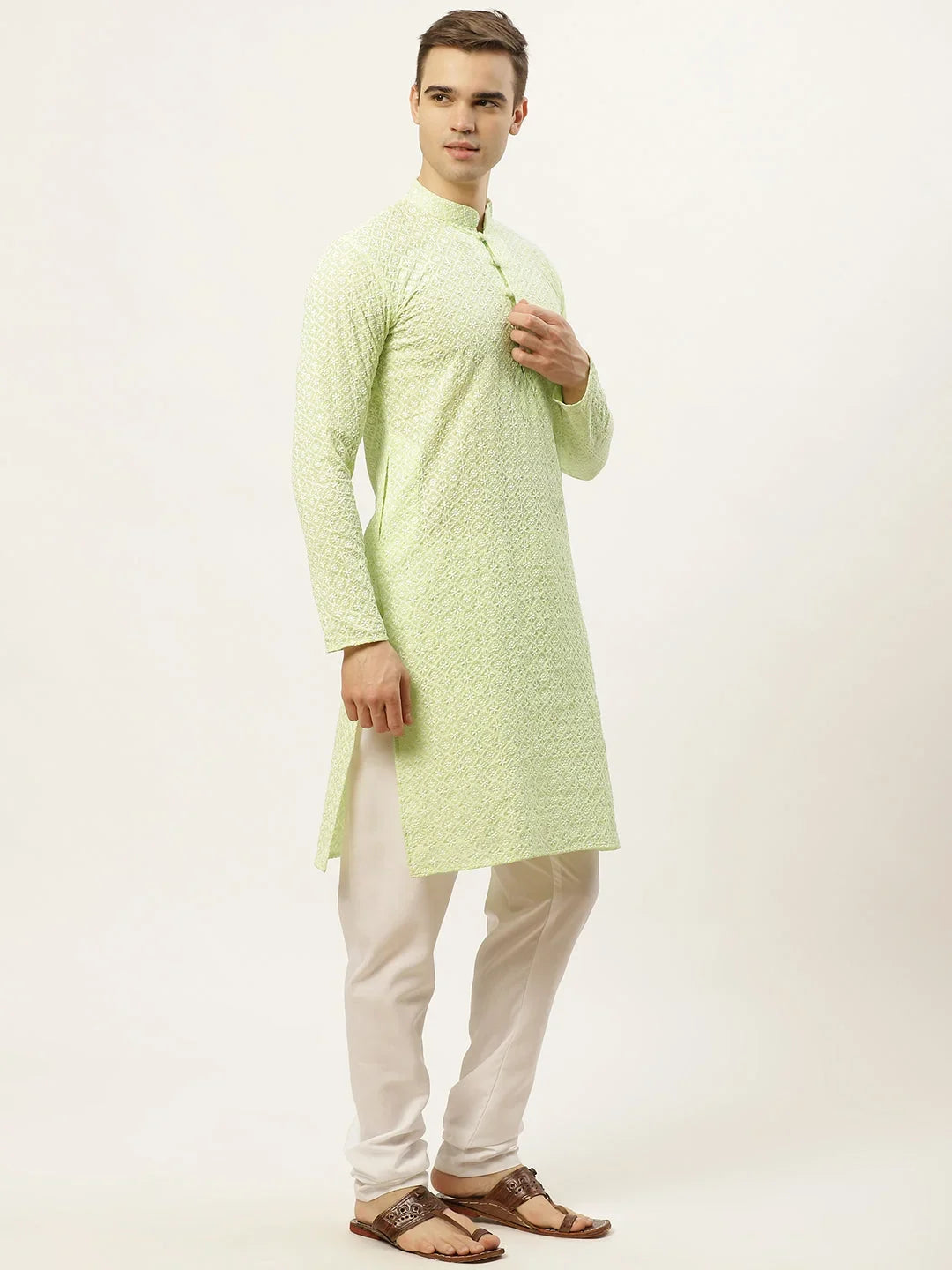 Men's Green Embroidered Kurta Payjama Sets