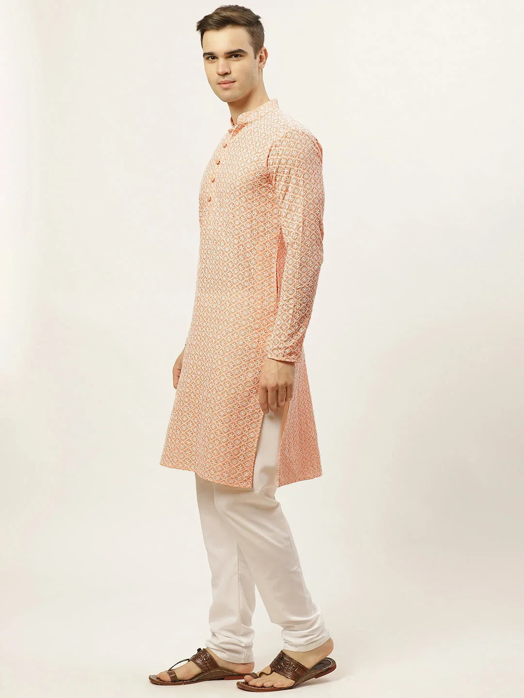 Men's Orange Embroidered Kurta Payjama Sets