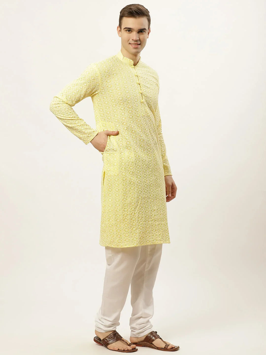 Men's Yellow Embroidered Kurta Payjama Sets