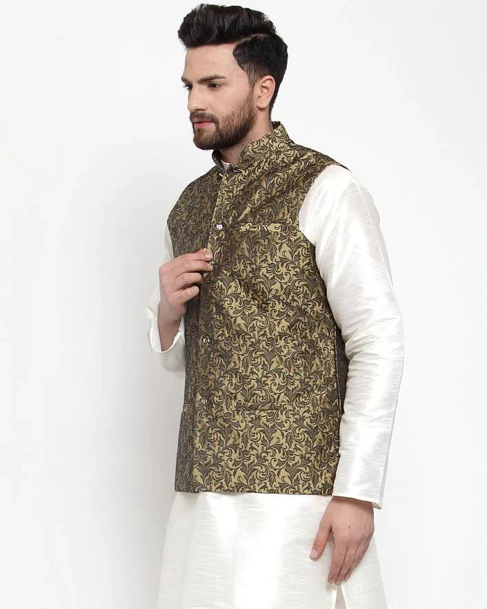 Men Gold-Coloured & Black Woven Design Nehru Jacket ( JOWC 4004 Golden)-JOWC-4004