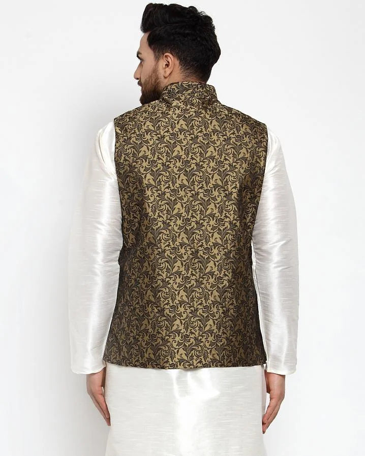 Men Gold-Coloured & Black Woven Design Nehru Jacket ( JOWC 4004 Golden)-JOWC-4004