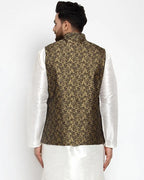 Men Gold-Coloured & Black Woven Design Nehru Jacket ( JOWC 4004 Golden)-JOWC-4004