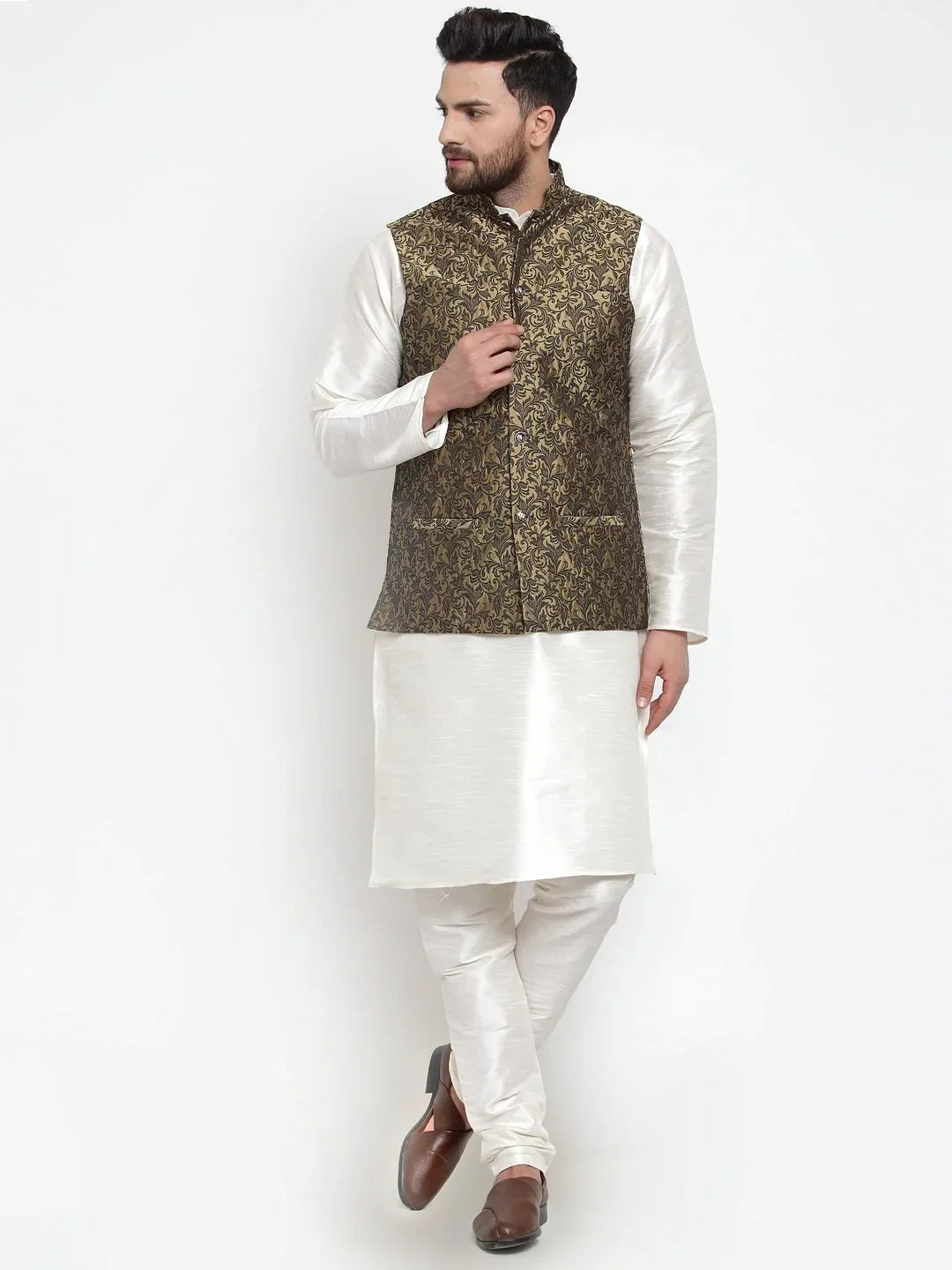 Men Gold-Coloured & Black Woven Design Nehru Jacket ( JOWC 4004 Golden)-JOWC-4004