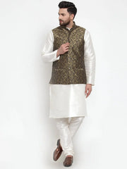 Men Gold-Coloured & Black Woven Design Nehru Jacket ( JOWC 4004 Golden)-JOWC-4004