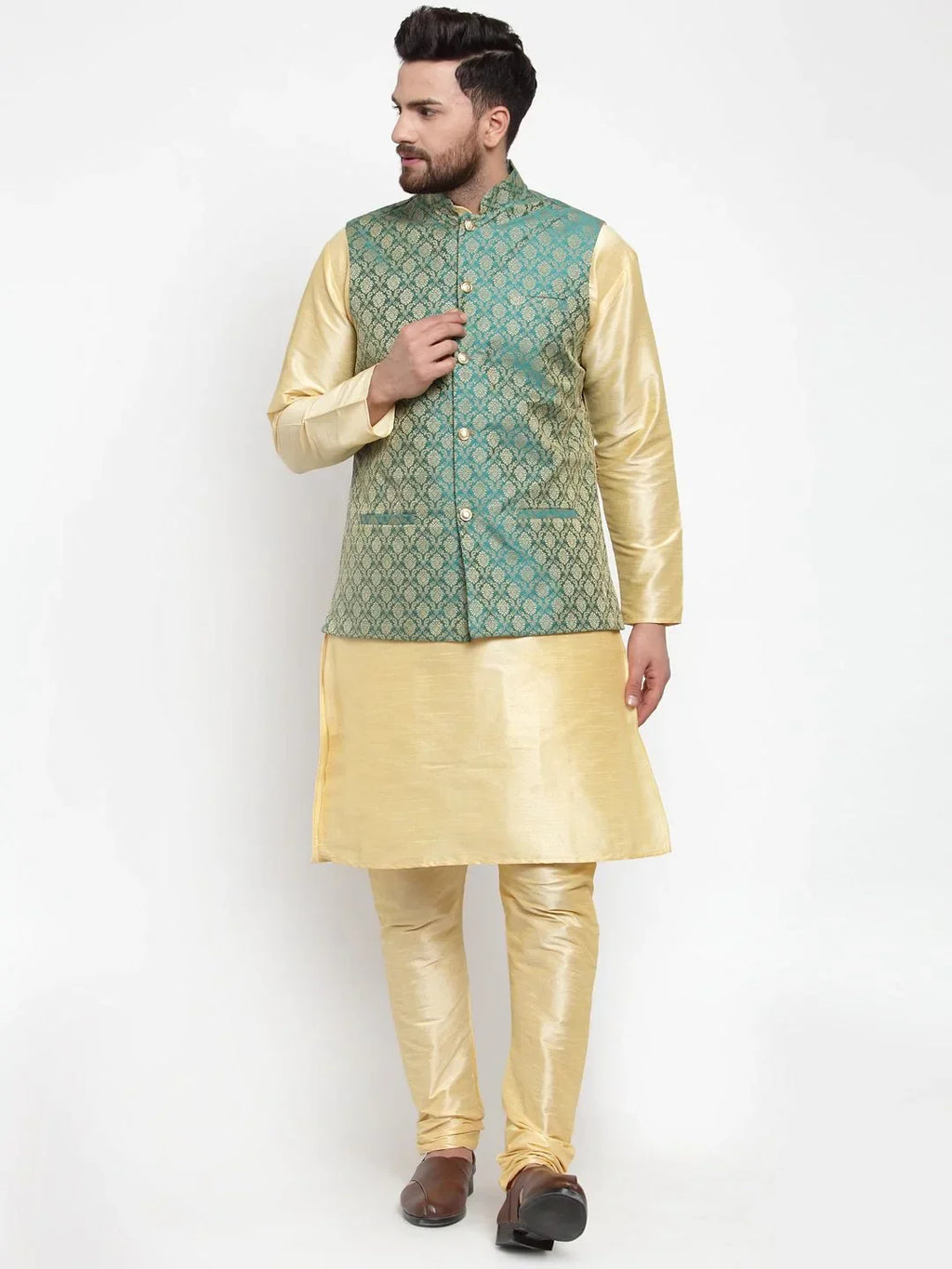 Men Green-Coloured & Golden Woven Design Nehru Jacket ( JOWC 4005 Green)-JOWC-4005