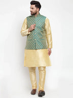 Men Green-Coloured & Golden Woven Design Nehru Jacket ( JOWC 4005 Green)-JOWC-4005