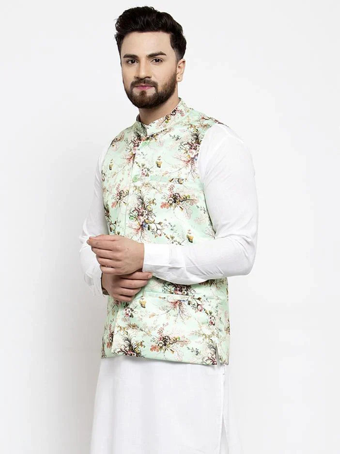 Men Lime-Green Printed Satin Nehru Jacket ( JOWC 4007 Lime)-JOWC-4007