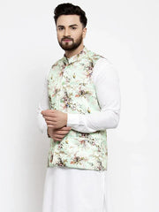 Men Lime-Green Printed Satin Nehru Jacket ( JOWC 4007 Lime)-JOWC-4007