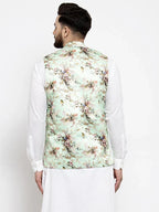 Men Lime-Green Printed Satin Nehru Jacket ( JOWC 4007 Lime)-JOWC-4007