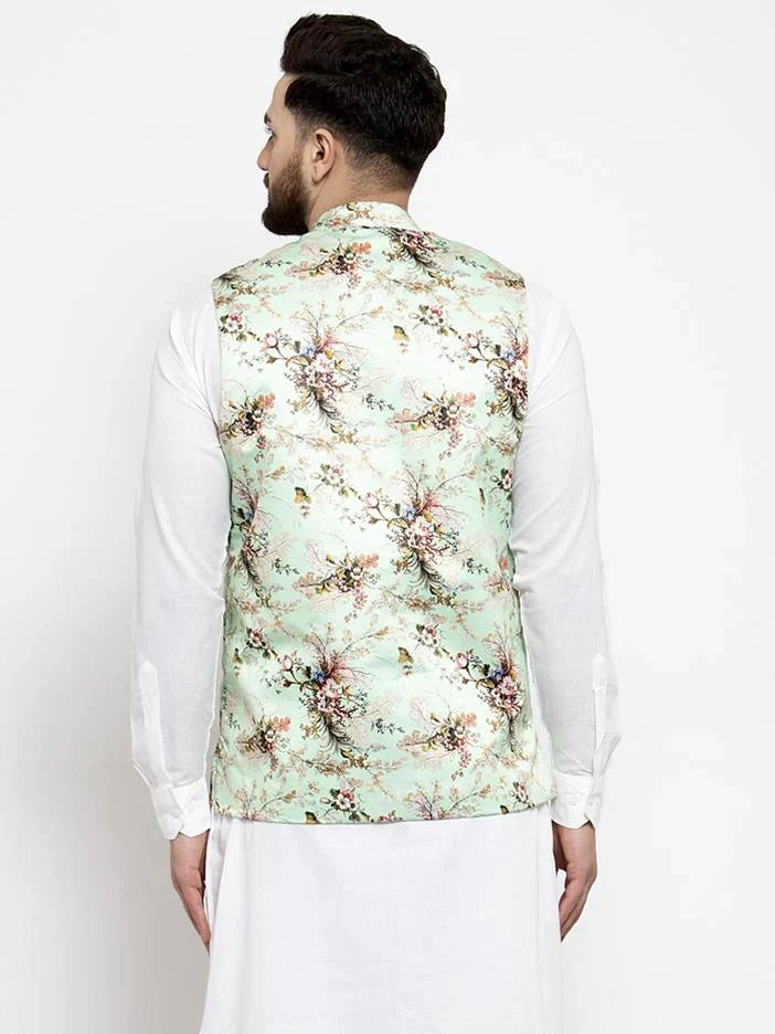 Men Lime-Green Printed Satin Nehru Jacket ( JOWC 4007 Lime)-JOWC-4007