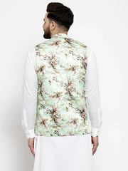 Men Lime-Green Printed Satin Nehru Jacket ( JOWC 4007 Lime)-JOWC-4007