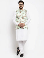 Men Lime-Green Printed Satin Nehru Jacket ( JOWC 4007 Lime)-JOWC-4007