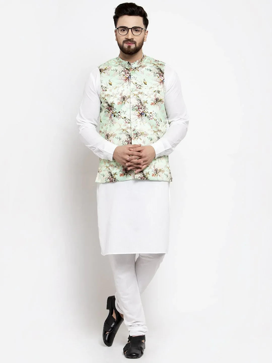 Men Lime-Green Printed Satin Nehru Jacket ( JOWC 4007 Lime)-JOWC-4007